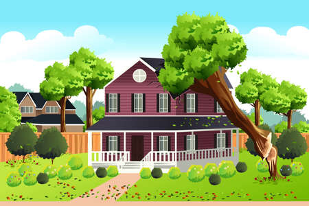 A vector illustration of a Big Tree Falling Into The Roof of a Houseのイラスト素材