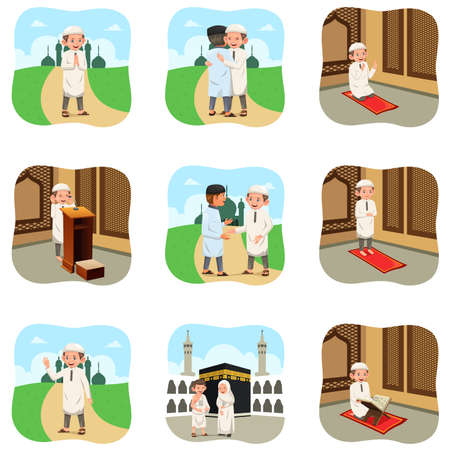 A vector illustration of Muslim People Doing Their Religious Activitiesのイラスト素材
