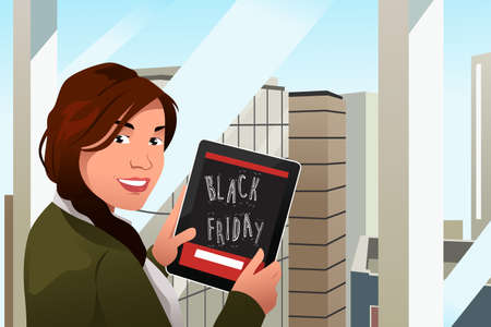A vector illustration of a Beautiful Woman Looking at Tablet PC for Black Friday Shoppingのイラスト素材