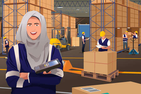 A vector illustration of a Muslim Woman Working in a Warehouseのイラスト素材