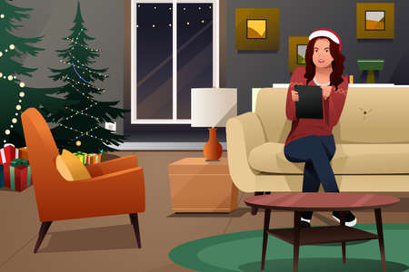 A vector illustration of Beautiful Woman Looking at Tablet PC for Christmas Shoppingのイラスト素材