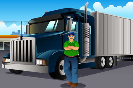 A vector illustration of Truck Driver Standing in Front of His Truckのイラスト素材