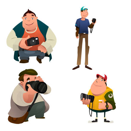 A vector illustration of Funny Photographer Characters Holding a Cameraのイラスト素材