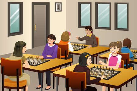 A vector illustration of Girls Playing Chess in a Chess Clubのイラスト素材