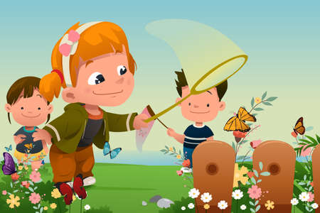 A vector illustration of Kids Catching Butterflies Outdoorのイラスト素材