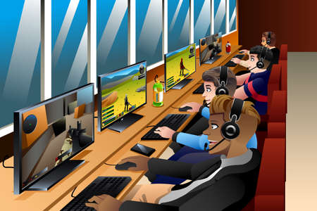 A vector illustration of Young People Playing Games on an Internet Cafeのイラスト素材
