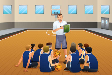 A vector illustration of Basketball Coach Talking With His Players on the Courtのイラスト素材