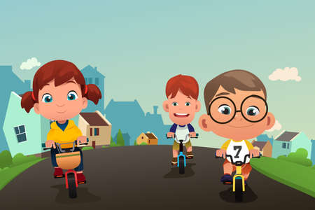 A vector illustration of Happy Kids Biking on the Streetのイラスト素材