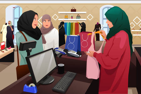 A vector illustration of Muslim Women Shopping in a Clothing Storeのイラスト素材