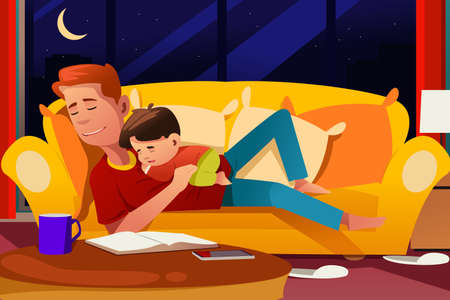 A vector illustration of Father and Son Sleeping on the Couchのイラスト素材
