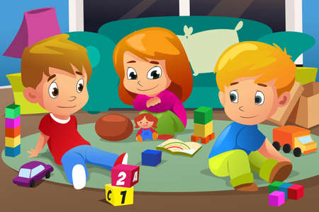 A vector illustration of Kids Playing with Their Toys at homeのイラスト素材