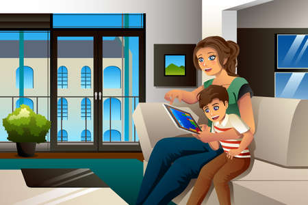 A vector illustration of Mother and Son Playing Game on Tablet PCのイラスト素材