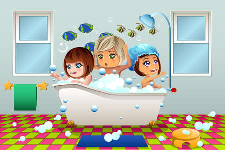 A vector illustration of Little Girls Having a Bubble Bathのイラスト素材
