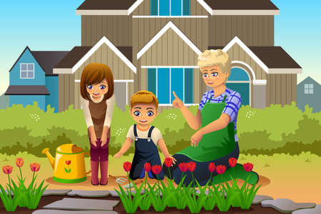 A vector illustration of Mother and Children Gardening during Spring Seasonのイラスト素材