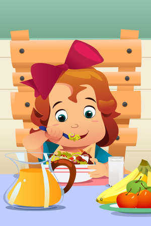 A vector illustration of a Little Girl Eating Salad Vegetablesのイラスト素材