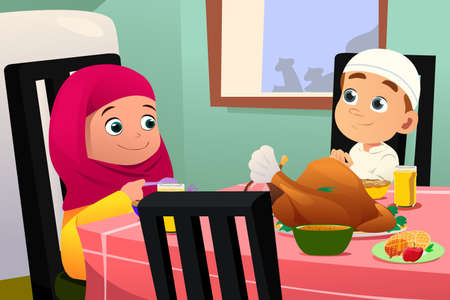 A vector illustration of Muslim Children Eating At Dining Tableのイラスト素材
