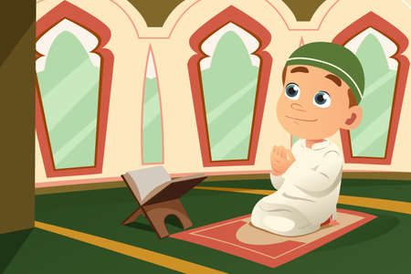 A vector illustration of Muslim Kid Praying in Mosqueのイラスト素材