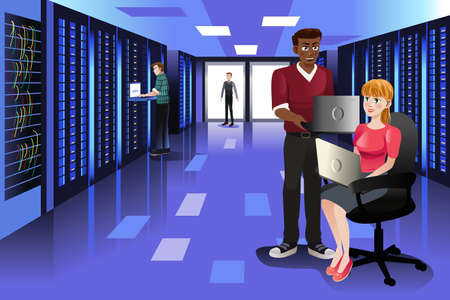 A vector illustration of Technology People Working in Data Centerのイラスト素材