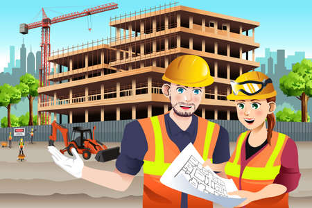 A vector illustration of  Female Construction Worker Working with a coworkerのイラスト素材