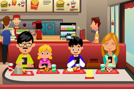 A vector illustration of Family Busy with their electronic device while Eating Out in the Restaurantのイラスト素材