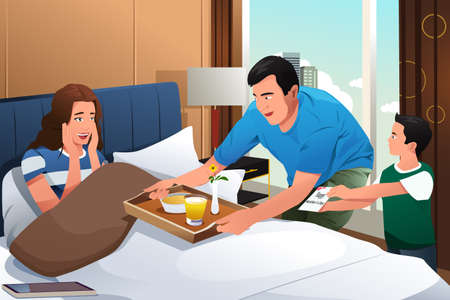 A vector illustration of Mother Getting Breakfast in Bed Surprise on Mothers Dayのイラスト素材