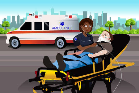A vector illustration of Female Paramedic Examining a Patientのイラスト素材