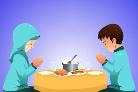 A vector illustration of Muslim Couple Eating Before Mealのイラスト素材