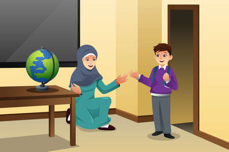 A vector illustration of Muslim Kid and Teacher in a Classroomのイラスト素材