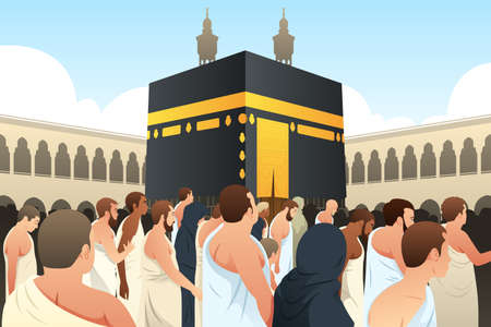 A vector illustration of Muslim Pilgrims Walking Around Kaaba in Meccaのイラスト素材
