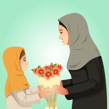 A vector illustration of Muslim Girl Giving Flowers to Her Motherのイラスト素材