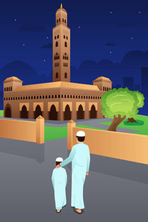 A vector illustration of Father and Son Going to Mosqueのイラスト素材
