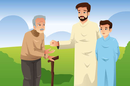 A vector illustration of Muslim Father and Son Giving Money to an Old Manのイラスト素材
