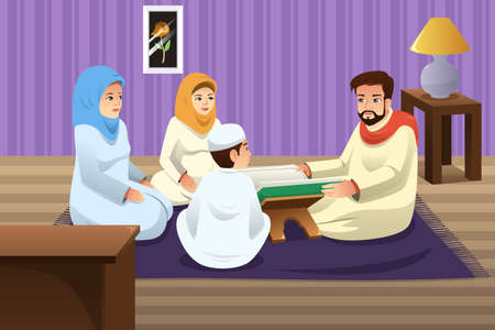 A vector illustration of Muslim Family Studying Quran at Homeのイラスト素材
