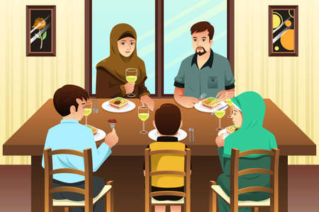 A vector illustration of Muslim Family Eating Dinner at Homeのイラスト素材