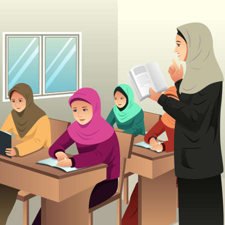 A vector illustration of Muslim Students in a Classroom with Her Teacherのイラスト素材