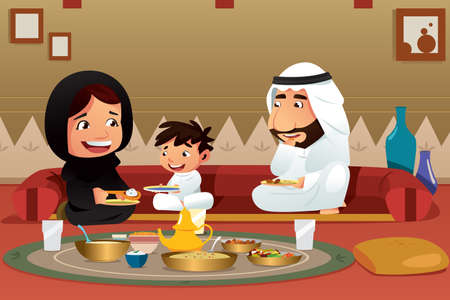 A vector illustration of Muslim Family Eating at Homeのイラスト素材