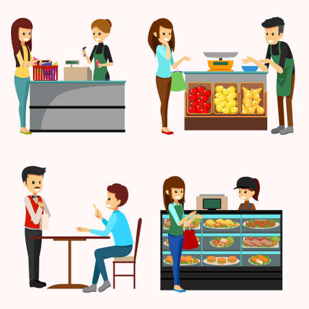 A vector illustration of People Shopping Grocery Clipartsのイラスト素材