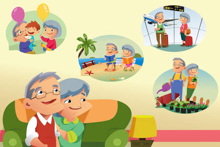 A vector illustration of Senior Couple Thinking About Retirement Activitiesのイラスト素材