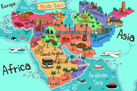 A vector illustration of Middle East Countries Map in Cartoon Styleのイラスト素材