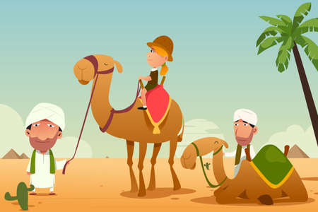 A vector illustration of Female Tourist Riding a Camel in the Desertのイラスト素材