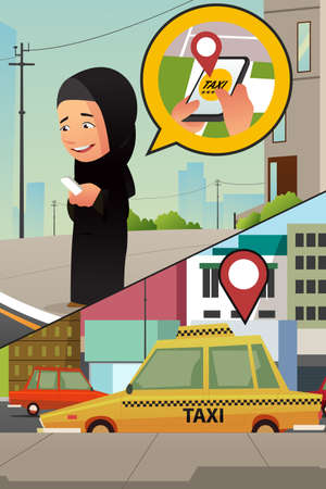 A vector illustration of a Muslim Woman Calling Taxi from Her Cellphoneのイラスト素材