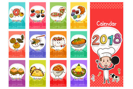 A vector illustration of 2018 Food Themed Calendar in Cartoon Styleのイラスト素材