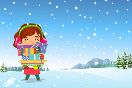A vector illustration of Happy Girl Carrying Christmas Presents in the Snow.のイラスト素材