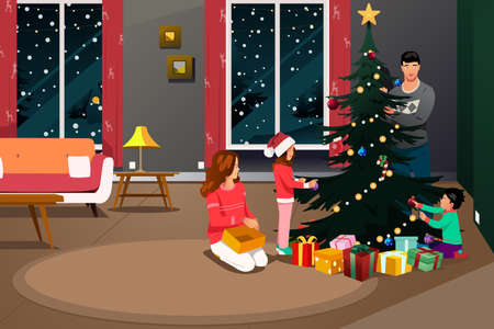 Illustration of Happy Family Decorating Christmas Treeのイラスト素材