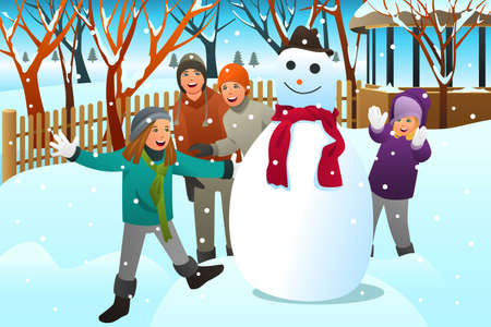 An illustration of Kids and Teenagers Friends Building a Snowman.のイラスト素材