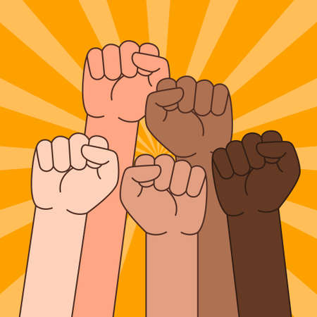 A vector illustration of Multi Ethnic People With Raised Fist