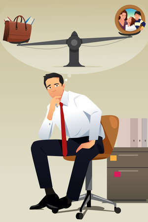 A vector illustration of Stressed Businessman Choosing Between Career and Familyのイラスト素材