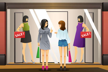 A vector illustration of Women Window Shopping in Front of a Clothing Storeのイラスト素材