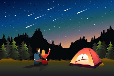 A vector illustration of Couple Watching Meteor Shower While Campingのイラスト素材