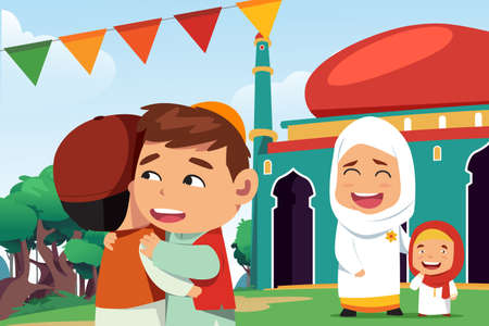 A vector illustration of Muslims Celebrating Eid Al Fitrのイラスト素材